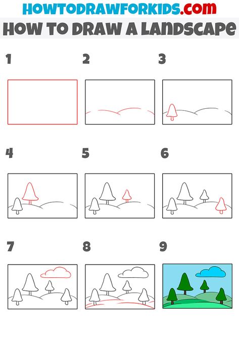 Basic Landscape Drawing, How To Draw A Landscape Step By Step, Directed Drawing Kindergarten, Landscape Drawing Easy, Trees Drawing Tutorial, Landscape Drawing Tutorial, Beginners Landscaping, Landscape Steps, Forest Drawing