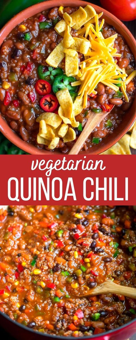 quinoa chili bowl with jalapeños, cheese, and Fritos corn chips on top Vegetarian Chili With Grains And Beans, Healthy Vegan Chili Recipe, Gluten Free Vegetarian Chili, Vegetarian Chili With Quinoa, Vegetarian Taco Chili, Vegetarian Jalapeno Recipes, Healthy Vegetarian Chili, Meatless Chili Recipe, Veggie Chili Recipe