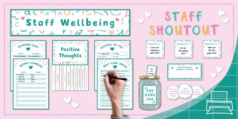 This beautiful Staff Wellbeing Display Pack has everything you need for a calming corner in your staffroom! Designed with beautiful confetti in blue, pink and yellow, the resources are sure to brighten your wall and your day! The resources focus on the wellbeing of you and your colleagues and the activities encourage the spreading of kindness and positivity!You can also download editable version if you want to adjust any of the resources! Included in this beautiful pack is:Staff Wellbeing N Gratitude Display, Employee Lounge, Staff Wellbeing, Teacher Corner, Employee Wellness Programs, Sunshine Committee, Work Bulletin Boards, World Teacher Day, Staff Morale