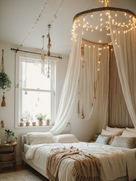 Canopy Bed, Boho Bedroom, String Lights, Decor Ideas, Ceiling, Bedroom, Bed, White