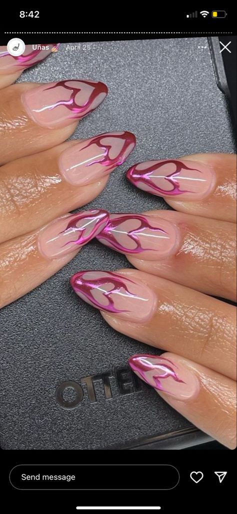 Funky Nails Pink, Flame Nails Chrome, Almond Nails Flames, Starfire Inspired Nails, Pink And Red Flame Nails, Pink Chrome Flame Nails, Hot Pink Chrome Nails Designs, Flame Heart Nails, Funky Spring Nails