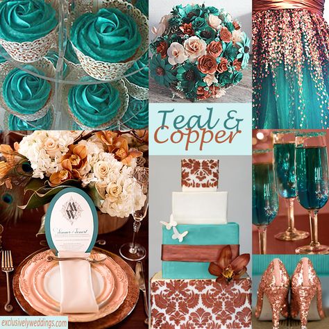 Teal and Copper Wedding Colors. So, SO pretty. I think I would incorporate more rose gold type of colors rather than the harsher browns. Maybe a little bit of a pink flower for the bouquet (I don't like brown) Teal And Copper Wedding, Copper Wedding Colors, Teal And Copper, Teal Wedding Colors, Teal Color Palette, Teal Color Schemes, Wedding Color Scheme, Metallic Wedding, Copper Wedding