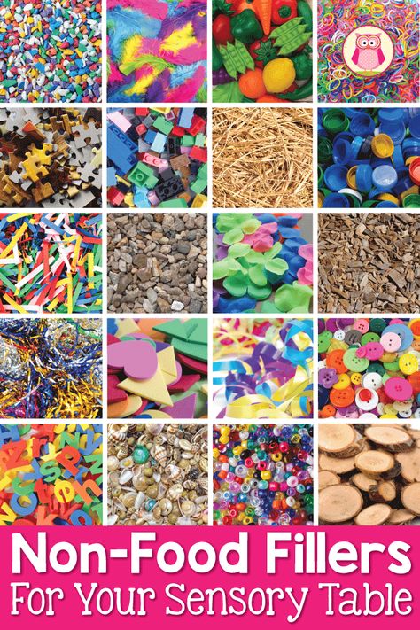 Here is a huge list of non-food fillers and mix-ins for your sensory table or sensory bin. Perfect for preschool, pre-k, kindergarten, or prep Sensory Tub Fillers, Diy Sensory Bin Kindergarten, Sand Sensory Table Ideas, Sand And Water Table Ideas Sensory Play, Sensory Table Ideas For Kindergarten, Sand Table Ideas For Preschool, Sand Table Ideas, Sensory Fillers, Diy Sensory Table