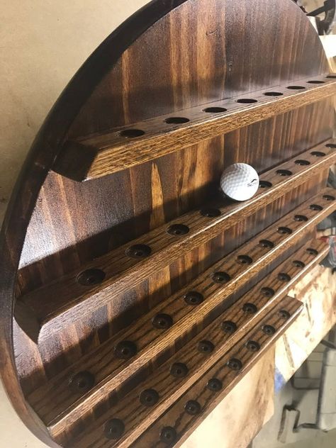 Golf Bag Furniture, Golf Ball Storage Ideas, Golf Ball Holder Display, Golf Memorabilia Display, Diy Golf Ball Display, Golf Ball Display Ideas, Golf Display, Golf Man Cave, Golf Storage