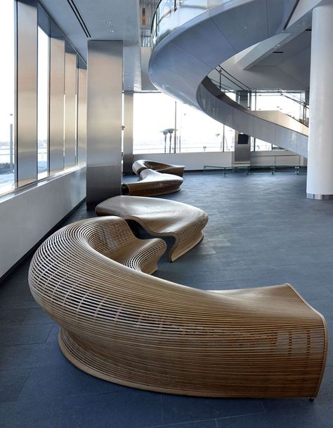 Wooden seating with sexy curves Bench Interior, Lobby Furniture, Lobby Seating, Old House Interior, Sculptural Furniture, Muebles Living, Futuristic Furniture, Garden Sofa Set, Parametric Design