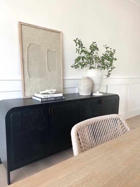 Entryway Inspo, Cane Sideboard, Sideboard Dining Room, Sideboard Black, Rope Chair, Vintage Style Rugs, Becki Owens, Black Sideboard, Wall Ideas