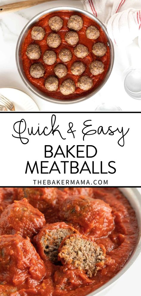 Our Quick & Easy Baked Meatballs are made from scratch and come together in minutes and taste delicious. Serve with marinara sauce and a side salad for a simple filling meal your family will love. The meatballs are so perfectly seasoned and filling, they stand up great on their own. When I say they’re popular in our house–these babies are gone in a flash! I usually make a double batch! Homemade Meatballs Recipe Baked, Meatballs Baked In Sauce, Homemade Sauce And Meatballs, Easy Homemade Meatballs Ground Beef, Small Meatballs For Spaghetti, How To Make Homemade Meatballs, Easy Meatballs Baked, Meatballs With Cheese Inside, Oven Baked Meatballs Ground Beef