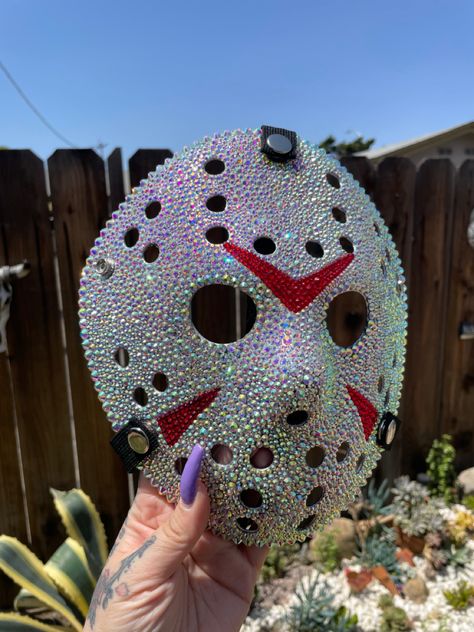 Bedazzled Jason Mask, Sparkly Ghostface Mask, Bejeweled Ghostface Mask, Bling Scream Mask, Diy Jason Voorhees Costume, Rhinestone Halloween Mask, Halloween Mask Ideas Diy, Bedazzled Halloween Mask, Rhinestone Scream Mask