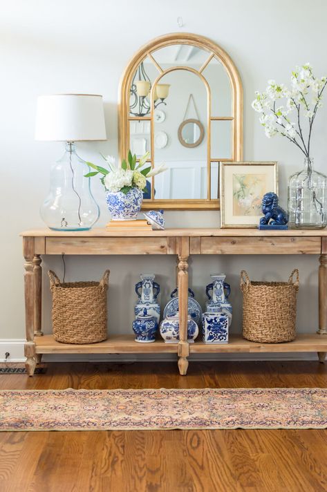 Renewed and refreshed Spring entryway  - The Home I Create Small Foyer Ideas, Foyer Table Decor, Spring Entryway, Blue Glass Lamp, Vstupná Hala, Decoration Buffet, Small Foyer, Console Table Decorating, Small Entryways