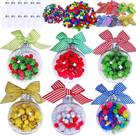 PRICES MAY VARY. Quantity: Christmas Bulb Ornament Balls Clear Plastic Glass Ball Craft Kit includes 12 pcs Clear Plastic Christmas Ornaments Balls, 216 pcs Jingle Bells in 2 styles & 9 colors, 480 pcs Pom-poms, 200 pcs Metallic Pom-poms, 12 pcs Bows in 12 colors. Size: Each Christmas Bauble measures appr. 3.2" in diameter, big enough to stand out, yet small enough to not look gaudy. Jingle Bells are available in 3 sizes, 0.3" (8mm), 0.4" (12mm), 0.5" (15mm). Pom-poms are 0.3" (10mm) in diameter Ball Craft, Clear Christmas Ornaments, Craft Bells, Preschool Christmas Crafts, Christmas Craft Kit, Clear Ornaments, Hanging Tree, Christmas Giveaways, Bauble Ornaments