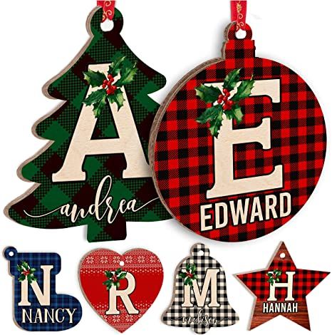 Amazon.com: Personalized Christmas Initial Ornaments w/Name, 6 Shape, 3 Font, 8 Pattern - Customized Christma Wood Ornament Decorations Gifts - Custom Noel Star Heart Sock Bell Round Pine Tree Décor Xmas Gift C1 : Home & Kitchen Tree Christmas Wood, Christmas Wood Ornaments, Initial Ornaments, Initials Ornament, 2022 Christmas, Cute Christmas Tree, Christmas Party Supplies, Religious Christmas, Christmas Decorations Ornaments