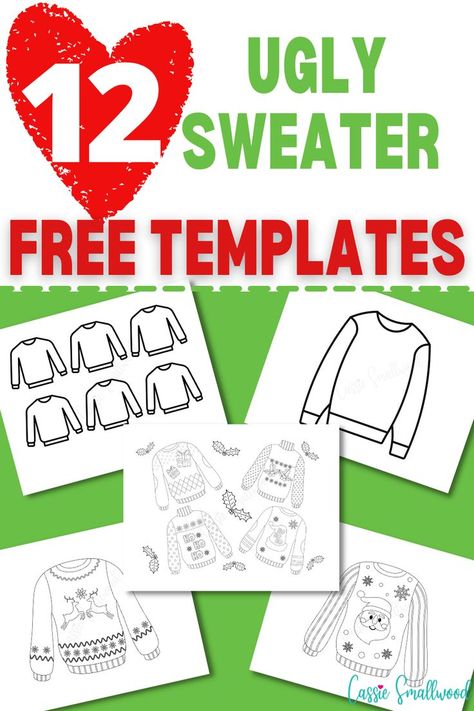 12 ugly sweater templates free printable stencils of ugly Christmas sweaters for craft projects and party decorations Ugly Christmas Sweaters Classroom Door, Ugly Sweater School Project Ideas, Ugly Sweater School Project, Ugly Sweater Door Decorating Contest, Ugly Sweater Project For Kids, Ugly Christmas Sweater Printables Free, Ugly Sweater Svg Free, Ugly Christmas Sweater Template Free, Ugly Christmas Sweater Bulletin Board