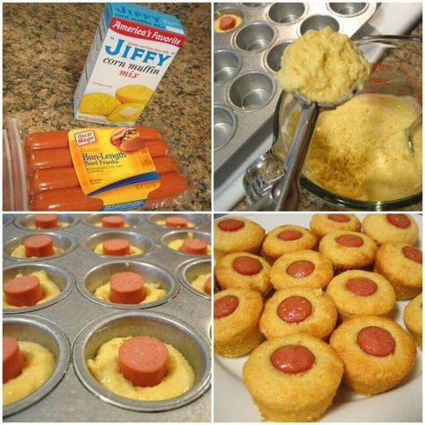 Mini Corn Dog Muffins-makes 16 1 package Jiffy Corn Muffin Mix 1 egg 1/3 cup milk 3-4 hot dogs (I used 3 bun length dogs) Nonstick cooking spray Preheat oven to 400 degrees Fahrenheit. Generously coat cups of mini muffin pan with nonstick cooking spray and set aside. Prepare corn muffin mix as instructed on box: whisk together egg and milk and stir in dry muffin mix until incorporated and still slightly lumpy. Allow to rest for 5 minutes. Cut hot dogs into 1-inch pieces. Using a #40 ice cream/co Jiffy Corn Muffins, Corn Dog Muffins, Mini Corn Dogs, Toast Pizza, Jiffy Corn Muffin Mix, Corn Muffin Mix, Corn Dog, Corn Muffins, Muffin Mix