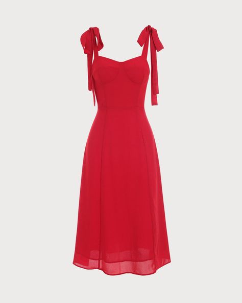 Tie Strap Midi Dress, Cute Red Dresses, Red Summer Dresses, Red Tie, Dress Inspo, Red Midi Dress, Red Outfit, Knee Length Dresses, Tie Dress