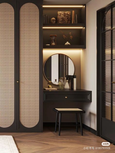 Wardrobe Design Bedroom Rattan, Walking Closet Indian, Modern Classic Wardrobe Design, Mediterranean Wardrobe, Hidden Mirror In Wardrobe, Indian Wardrobe Ideas Bedroom, Narrow Bathroom Mirror, Wardrobe With Dresser, Circle Bathroom Mirror