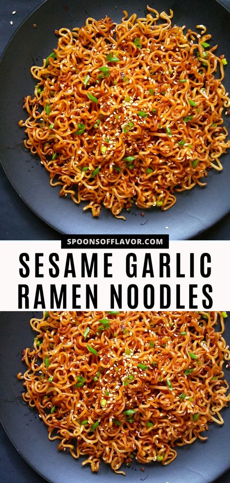 Image showing sesame garlic ramen in a black plate. Vegetarian Recipes Ramen, Best Stir Fry Noodles, Asian Noodles With Ramen, Stir Fried Ramen Noodles, Stir Fry Ramen Noodle Recipes, Homemade Ramen Noodles Seasoning, Easy Japanese Noodle Recipes, Ramen Side Dish, Vegetarian Ramen Noodle Recipes