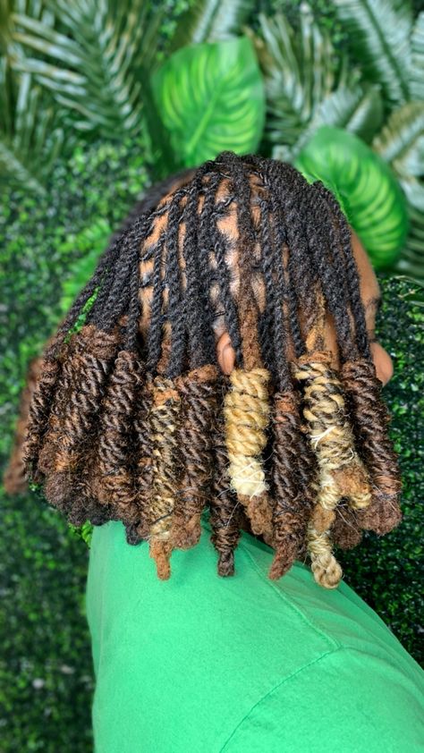 Cuban twist hair added to the ends of permanent locs for length. Then hair wrapped up into loc bob for style. Locs Wrapped Ends, Twists On Locs, Cuban Twists, Loc Bob, Cuban Twist, Cuban Twist Hair, Hair Twists, Loc Hairstyles, Sally Hansen Nails