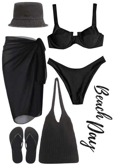 Black Beach Aesthetic Outfits, Black Beach Outfits Women, Black Beach Club Outfit, Black Swimwear Aesthetic, Beach Day Aesthetic Outfits, Swim Day Outfit, Dark Beach Outfit, Black Bathing Suit Outfit, Black Bathing Suit Aesthetic