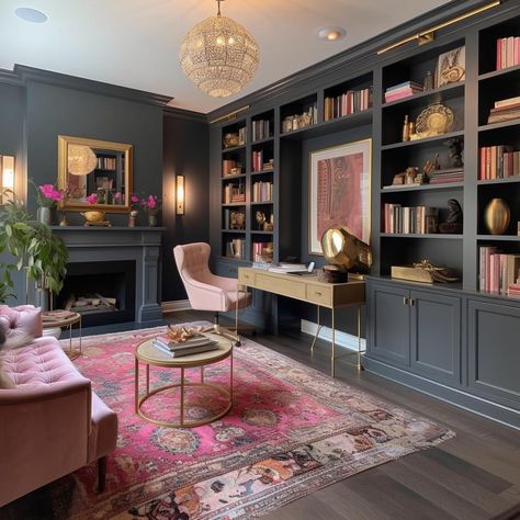 Feminine Library Office, Glam Office Guest Room Ideas, Womens Study Room Home Office, Home Vault Room, Purple Library Room, Moody Glam Office, Work From Home Office Layout, Feminine Library Room, Pink Built Ins