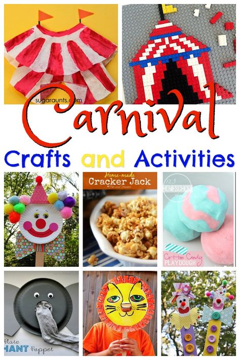 Carnival Crafts and Activities to Celebrate National Carnival Day February 26th. Lots of fun, clever ideas for toddler, preschool, prek, kindergarten, first grade, or 2nd grade kids for school themes, family fun, homeschool, special days, party themes, or circus theme activities. Carnival Theme Crafts, Preschool Circus, Summer Daycare, Carnival Day, Craft Themes, Circus Activities, Carnival Activities, Carnival Crafts, Circus Crafts