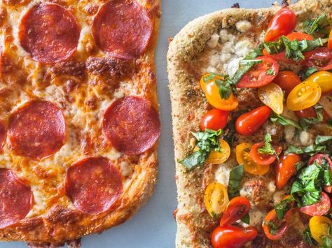 Kids will love this Basic Pepperoni Pie, and adults can indulge in the more sophisticated counterpart: four-cheese pizza topped with fresh tomato-basil salad. Spelt Brownies, Beef Stromboli, Mandu Dumplings, Korean Mandu, Pesto Pizza Sauce, Four Cheese Pizza, Unique Sweets, Cheese Pizza Recipe, Tuna Tartare