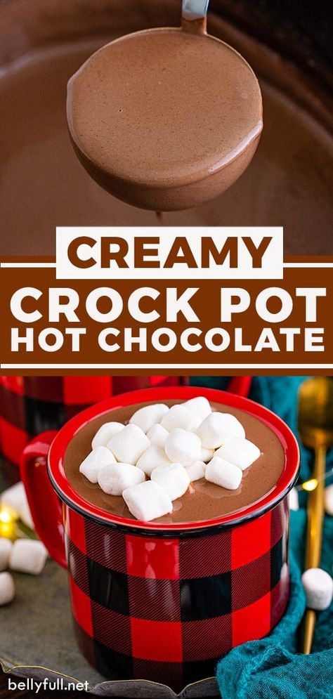 Creamy, decadent, and luscious, this Slow Cooker Hot Chocolate recipe is one you'll want to be making all winter long! It's the perfect big batch hot chocolate drink to serve up for any holiday party or gathering of friends and family. Large Batch Of Hot Chocolate, Hot Chocolate Large Batch, The Best Crockpot Hot Chocolate, Instant Pot Hot Chocolate For A Crowd, Homemade Thick Hot Chocolate, Hot Cocoa To Go, Hot Chocolate Recipes With Chocolate Bar, Bob Evans Hot Chocolate Recipe, Simple Crockpot Hot Chocolate