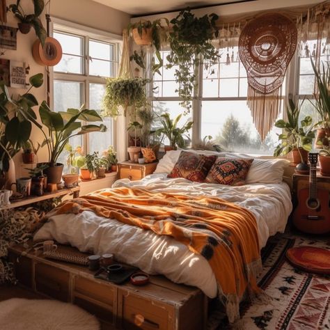 Boho Cozy Bedding, Boho Themed Apartment, Bed Comforter Sets Aesthetic Boho, Aesthetic Bohemian Bedroom, Bohemian Room Bedroom, Nature Vibe Bedroom, Boho Comfy Bedroom, Bohieman Room Ideas, Bohemian Room Ideas Aesthetic