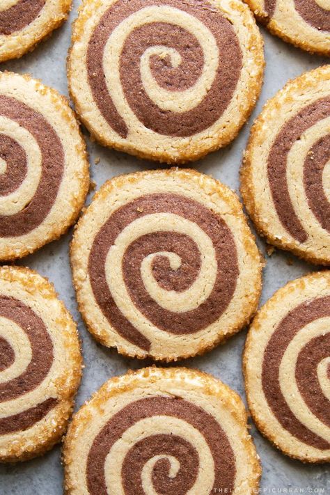 Slice and bake peanut butter chocolate swirl cookies with turbinado sugar coating. These shortbread pinwheel cookies are crunchy and crumbly. They're great for gift giving because of their long shelf life! Yield: about 3 dozen (36 one-centimeter thick cookies) Slice And Bake Pinwheel Cookies, Chocolate Peanut Butter Swirl Cookies, Peanut Butter Chocolate Swirl Cookies, Chocolate Swirl Cookies, Salted Cookies, Swirl Cookies, Almond Biscotti Recipe, Pinwheel Cookies, Bite Size Cookies