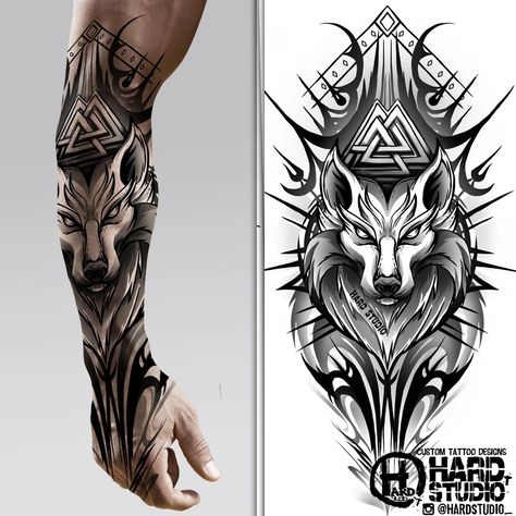 #forearm #wolf #tattoo design #tattoo idea #bng design #graphics #pattern tattoo #bw tattoo #valknut #tattoo idea #hardstudio #wild Mens Tattoos Ideas Forearm Unique, Tattoo Designs Wolf, Viking Tattoos For Men, Fenrir Tattoo, Tattoo Bras Homme, Rabe Tattoo, Full Hand Tattoo, Viking Tattoo Sleeve, Wolf Tattoo Sleeve