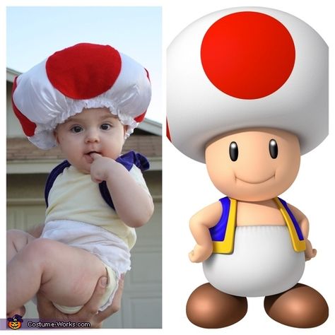 Super Mario Brothers Costumes Family, Mario Brother Halloween Costumes, Mario Brothers Toad Costume, Mario Kart Stroller Costume, Mario Cart Halloween Costumes Family, 6 Month Old Costume Halloween Boy, Mario Bros Toad Costume, Nintendo Family Costume, Toad Costume Baby