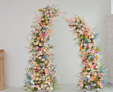 Wedding Pastel Color Schemes, Floor Arch Wedding, Pastel Wedding Arch, Summer Wildflower Wedding, Sunset Wedding Colors, Butterfly Wedding Theme, Wedding Floral Arrangement, Aisle Runners, Tall Wedding Centerpieces