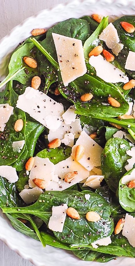 15-Minute Spinach Salad with Pine Nuts, Parmesan, Lemon, and Olive Oil Salad With Pine Nuts Healthy, Family Weeknight Dinners, Healthy Spinach Salad, Easy Homemade Salad, Veg Salads, Easy Homemade Salad Dressing, Simple Spinach Salad, Pine Nuts Salad, Parmesan Salad