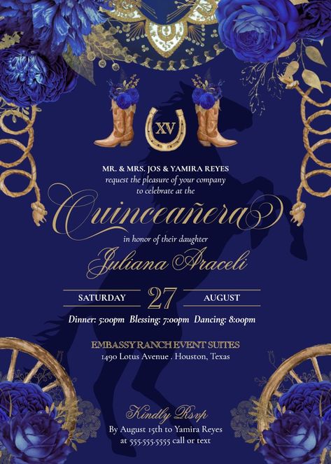 Royal Blue Gold Roses Elegant Charro Quinceanera Invitation Royal Blue And Gold Quince Invitations, Royal Blue Charro Quinceanera Theme, Royal Blue And Gold Quinceanera, Xv Dresses, Quince Invitations, Quinceanera Invitation, Gold Roses, Royal Blue And Gold, Quinceanera Invitations