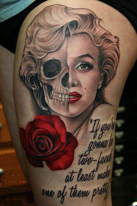 Marilyn Monroe Quote Tattoos | Tattoo Ideas, Artists and Models Pretty Skull Tattoos, Skull Face Tattoo, Monroe Tattoo, Skull Tattoo Designs, Marilyn Monroe Tattoo, Feminine Skull Tattoos, Dibujos Tattoo, Sugar Skull Tattoos, Two Faced