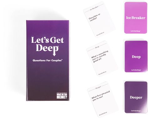 Get ready to take things to the next level with your S.O. -- introducing Let's Get Deep, the adult party game for couples by What Do You Meme? Spice up your date nights and get to know your partner(s) even better by asking and answering questions across 3 levels of intimacy! Using Ice Breaker, Deep, and Deeper cards, play until you know too much about each other...or until it’s time to take it to the bedroom. BONUS: You can also play with friends! What Do You Meme, Deep Questions, Couple Questions, Adult Party Games, Couple Games, Ice Breakers, Getting To Know You, Getting To Know, Spice Things Up