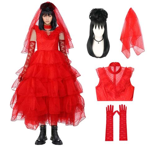 PRICES MAY VARY. 【Dress Material】Lydia Deetz Costume for women is made of lace gauze, which is light and breathable, fluffy and textured, comfortable and natural to wear, and can be used many times. 【Lydia Deetz Costume】Lydia Deetz costume set includes gothic Lydia Deetz dress, bridal veil, red lace gloves, Lydia wig. The Corpse Bride costume is very popular among fans. 【Lydia Deetz Dress】The red bride wedding dress pays attention to the details of the design, with rich layers at the hem, showin Lydia Deetz Dress, Bride Costume Halloween, Lydia Deetz Costume, Red Bride, Corpse Bride Costume, Bride Costume, Red Wedding Dress, Bride Wedding Dress, Lydia Deetz