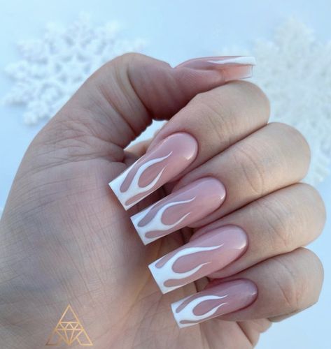 White Nails With Flame Design, French Tip Fire Nails, French Tip Nails With Fire Design, White French Tip Flame Nails, White Lightning Nails, French Tip With Fire Design, White Design On Nails, Flame Nails Square, Fire Design On Nails