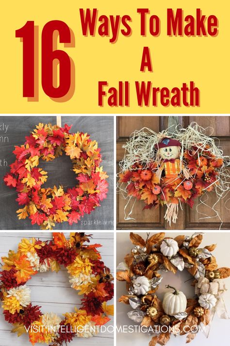 Fall wreath ideas you can make in traditional fall colors. Most require minimal craft skills and a glue gun. The post also includes more DIY Fall decor ideas you can make for your home. #diyfalldecorating #diyfalldecor #diywreath How To Make Your Own Fall Wreath, Fall Foam Wreath Ideas, Fall Wreath Ideas Diy Mesh, Diy Turkey Wreath, How To Make A Fall Wreath, Fall Wreaths For Front Door Diy Easy, Fall Wreaths Diy Easy, Diy Fall Wreath For Front Door, Fall Mesh Wreaths Diy