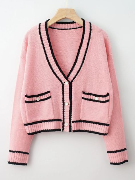 Stripe Pattern Dual Pockets Cardigan | SHEIN USA Shein Sweater, Hoodie Cardigan, Crochet Fashion Patterns, Altering Clothes, Cute Outfits For School, Pocket Cardigan, Pink Cardigan, Simple Trendy Outfits, Kpop Fashion Outfits