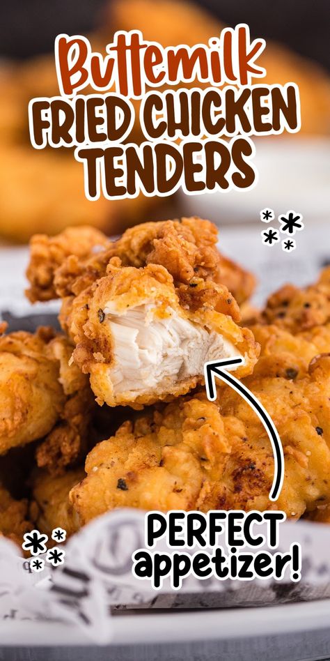 Buttermilk Fried Chicken Tenders are flavorful and juicy with an irresistible crunchy fried coating - great as appetizers with dipping sauce! Fried Chicken Tenders No Buttermilk, Fried Chicken Tenders Buttermilk, Fried Chicken Tender Recipe, Fried Chicken On A Stick, Southern Fried Chicken Tenders, Homemade Fried Chicken Tenders, Fried Chicken Tenders Recipe, Oven Fried Chicken Tenders, Buttermilk Fried Chicken Tenders