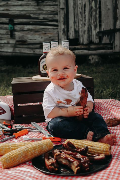 One year old baby smash cake photoshoot ideas Steak One Year Photo Shoot, Steak Smash Photoshoot, Bbq Stain On My White Tshirt Photoshoot, 1 Year Steak Smash, Rib Smash First Birthday, Bbq First Birthday Photoshoot, Bbq 1st Birthday Boy, Bbq Smash 1st Birthday, Baby Steak Smash Photoshoot