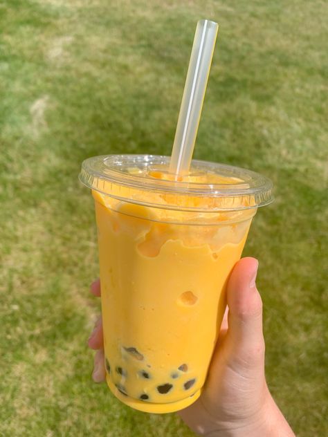 Yellow Drink Aesthetic, Yellow Drinks, Yellow Food, Tea Aesthetic, Orange Bubbles, Bakery Foods, Edc Bag, Yellow Foods, Boba Tea