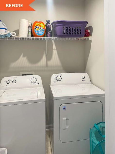 Small Laundry Room Makeover Top Loader, Diy Drying Rack, Laundry Room Organization Shelves, Laundry Room Redo, Laundry Room Decor Ideas, Laundry Closet Makeover, Narrow Laundry Room, Shelf Makeover, Diy Shelving