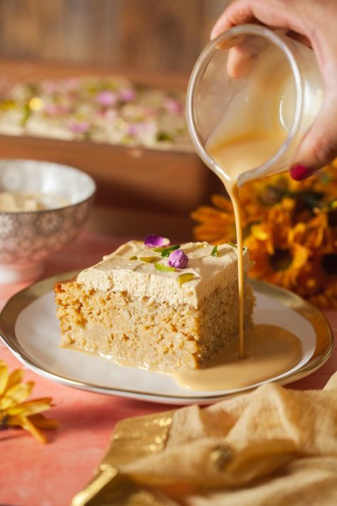 Thai Tea Tres Leches Cake, Desi Fusion Desserts, Indian Cake Recipe, Indian Inspired Desserts, Tea Infused Desserts, Chai Tres Leches, Tea And Dessert, Easy Bake Cake, Desi Desserts