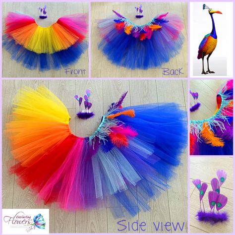 Kevin from Disney's UP tutu costume with headpiece Gorgeous tutu skirt and headpiece for that perfect costume. Comes with a beautiful feather/gem headpiece (made on a hair slide) to match. This bird tutu is made from blue, purple, red, orange, yellow and pink tulle hand-tied onto an elasticated waistband, finished with coloured ostrich feathers. This pretty tutu skirt/headpiece is great for photo shoots, birthday parties, fancy dress, school plays, world book day, dance shows, theatre shows, dre Disfraz Up, Russell Up Costume, Kevin From Up, Wheelchair Costumes, Peacock Costume, Up Halloween Costumes, Bird Costume, Cute Couple Halloween Costumes, Running Costumes