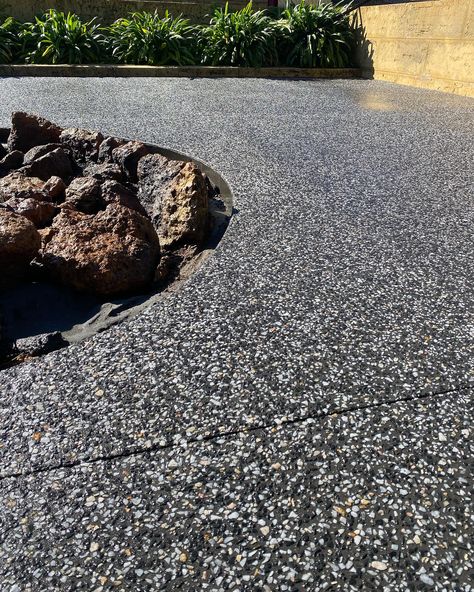 Exposed aggregate concrete around a large fire pit in a Perth properties backyard. Exposed Aggregate Driveway, Aggregate Driveway, Exposed Aggregate Concrete, Aggregate Concrete, Exposed Aggregate, Concrete Ideas, Concrete Texture, Perth, Blending