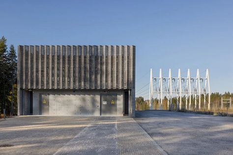 Virkkunen & Co designs sculptural substation and pylons in Finland Grey Brick Wall, Building Forms, Material Exploration, Electrical Substation, Industrial Background, Aluminium Cladding, Hydroelectric Power, Innovative Architecture, Architecture Inspiration