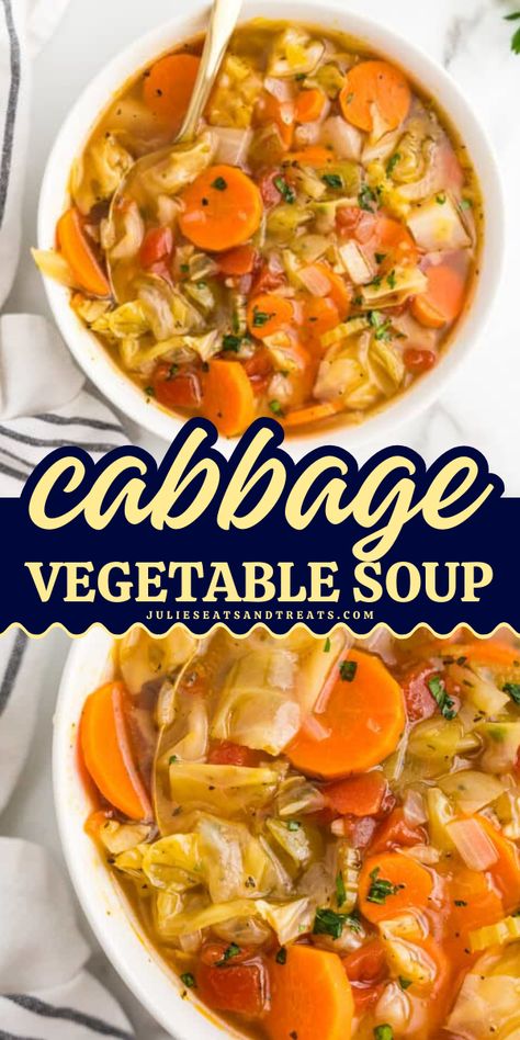 Out of soup ideas for dinner? Try this Cabbage Vegetable Soup! This homemade soup is healthy and loaded with so much flavor. It makes an easy comfort food recipe or a simple, healthy meal for the family. Save this pin! German Vegetable Soup, Jewish Cabbage Soup, Cabbage Soup No Tomatoes, Cabbage Recipe Soup, Loaded Vegetable Soup, Italian Cabbage Soup, Easy Cabbage Soup Recipe, Cabbage Soup Recipe Diet, Healthy Vegetable Soup Recipes