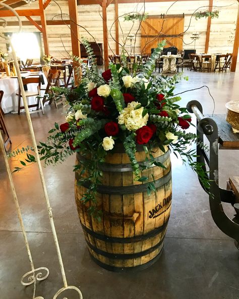 Whiskey Barrel Ideas For Weddings, Whiskey Barrel Wedding Decor Entrance, Whiskey Barrel Flower Arrangements, Whiskey Barrel Wedding Decor, Charro Quinceanera Theme, Whiskey Barrel Flowers, Bouquet Photoshoot, Barrel Wedding Decor, Barrel Flowers