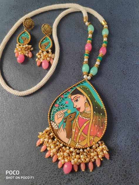 Hand-painted jewellery Ganjifa Art, Hetal's Art, Painting Jewellery, Hand Painted Jewellery, Diy Earrings Materials, Painted Jewellery, Handmade Saree, Diy Jewelry Set, Terracotta Jewellery Designs